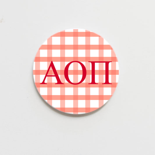 Alpha Omicron Pi Gingham Greek Game day Button - 3.00 inch