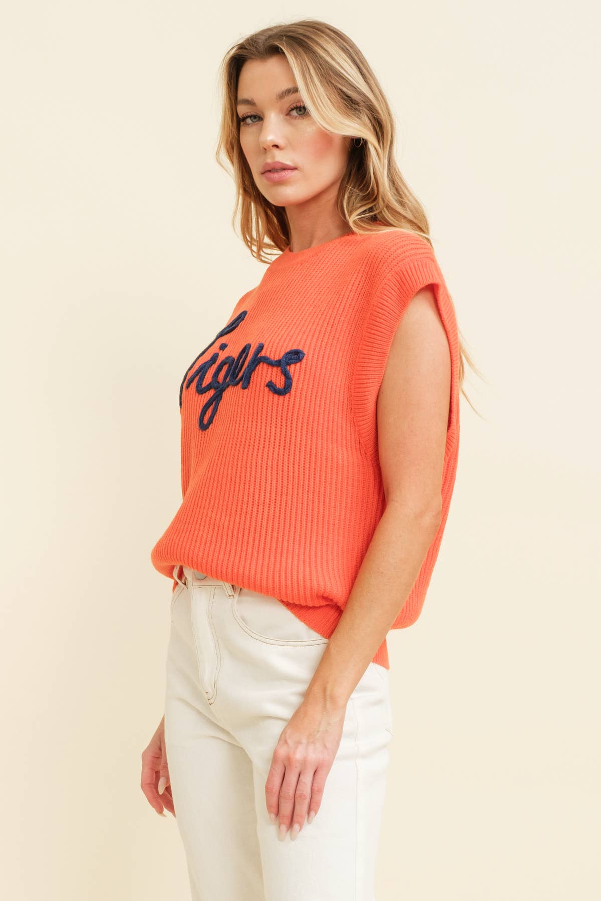 TIGERS" EMBROIDERED SLEEVELESS SWEATER TOP