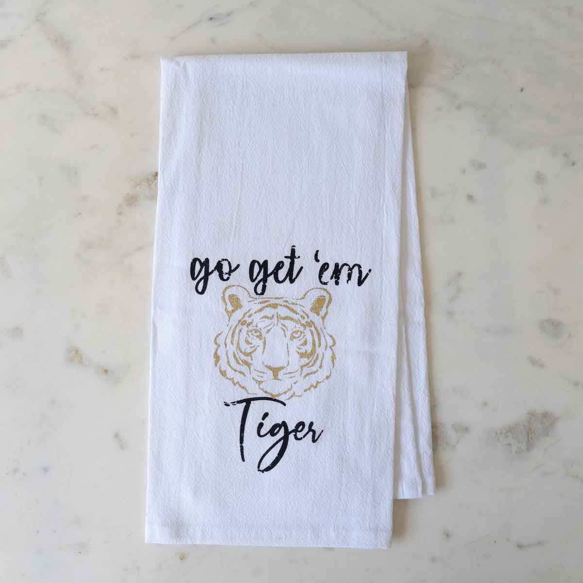 Go Get 'em Tiger Flour Sack Hand Towel White/Black/Gold 20x28