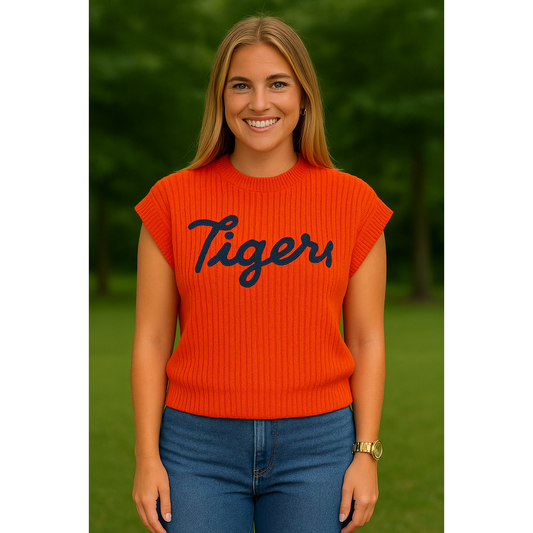 TIGERS" EMBROIDERED SLEEVELESS SWEATER TOP