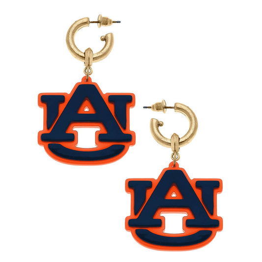 Auburn Tigers Resin Logo Drop Hoop Earrings in Navy