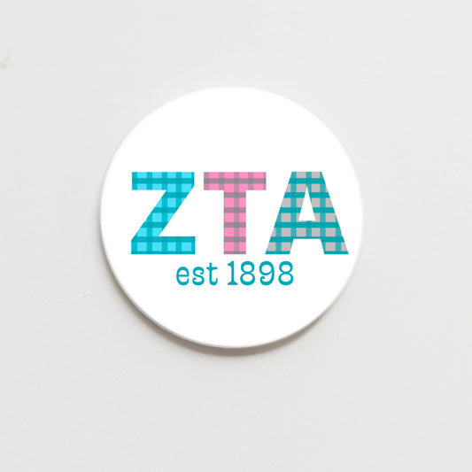 Zeta Tau Alpha Gingham Letter Button- 2.25 inch