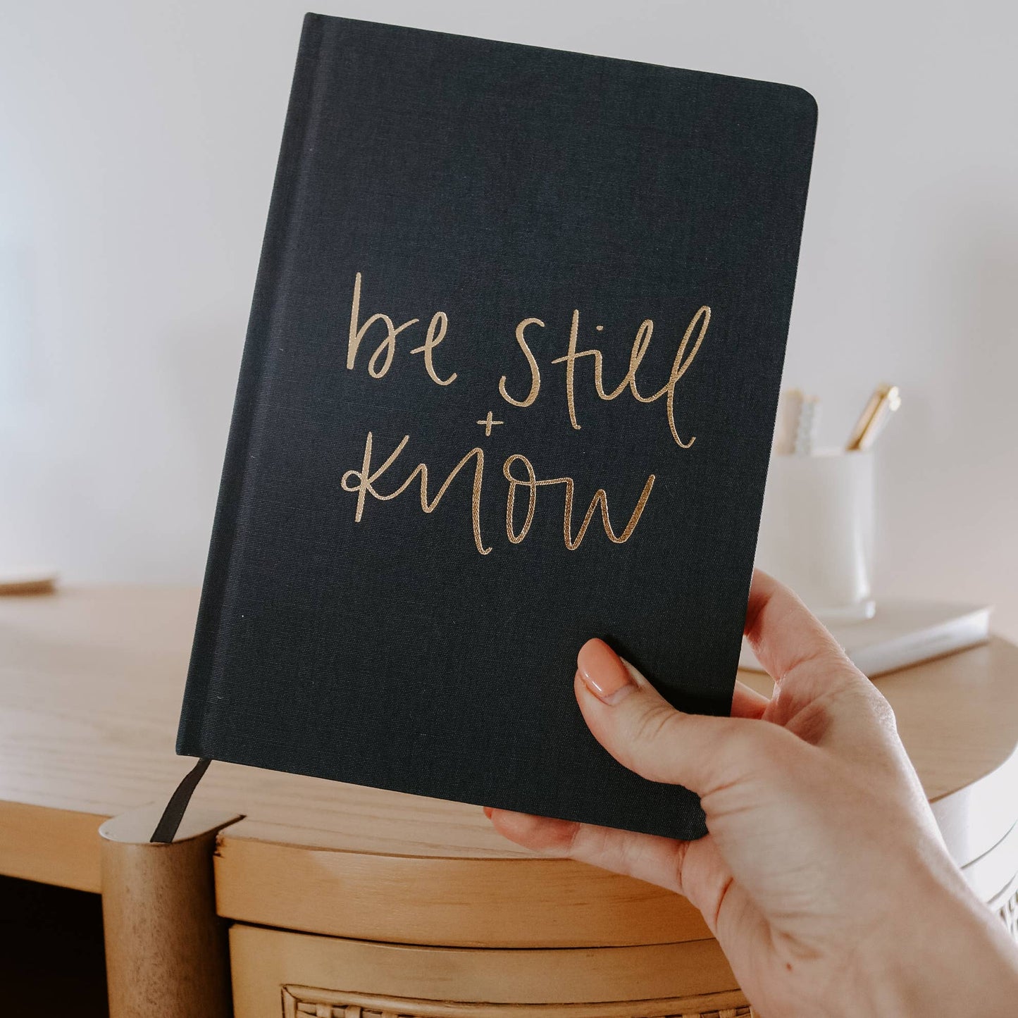 Be Still + Know Grey & Gold Fabric Journal  (Psalm 46:10)
