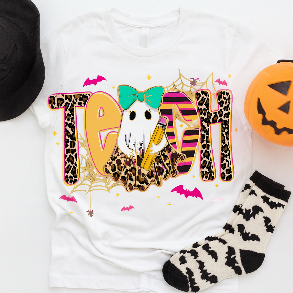 Halloween Teacher Ghost Bella Canvas Relaxed Fit Jersey T-Shirt | Cute Fall Leopard Print Teach | Spooky Season Teacher