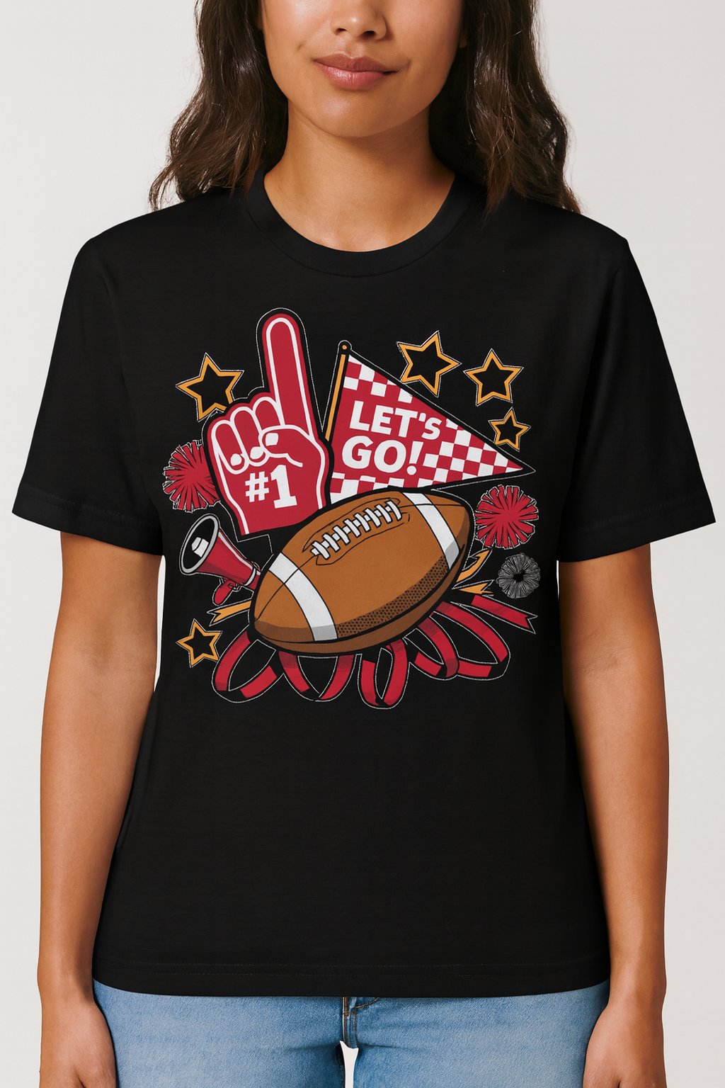 Game Day Football Shirt | Bella Canvas Black Tee | Cheer Spirit Shirt | Let’s Go Football Fan T-Shirt | Sports Mom Tee | Tailgate Outfit