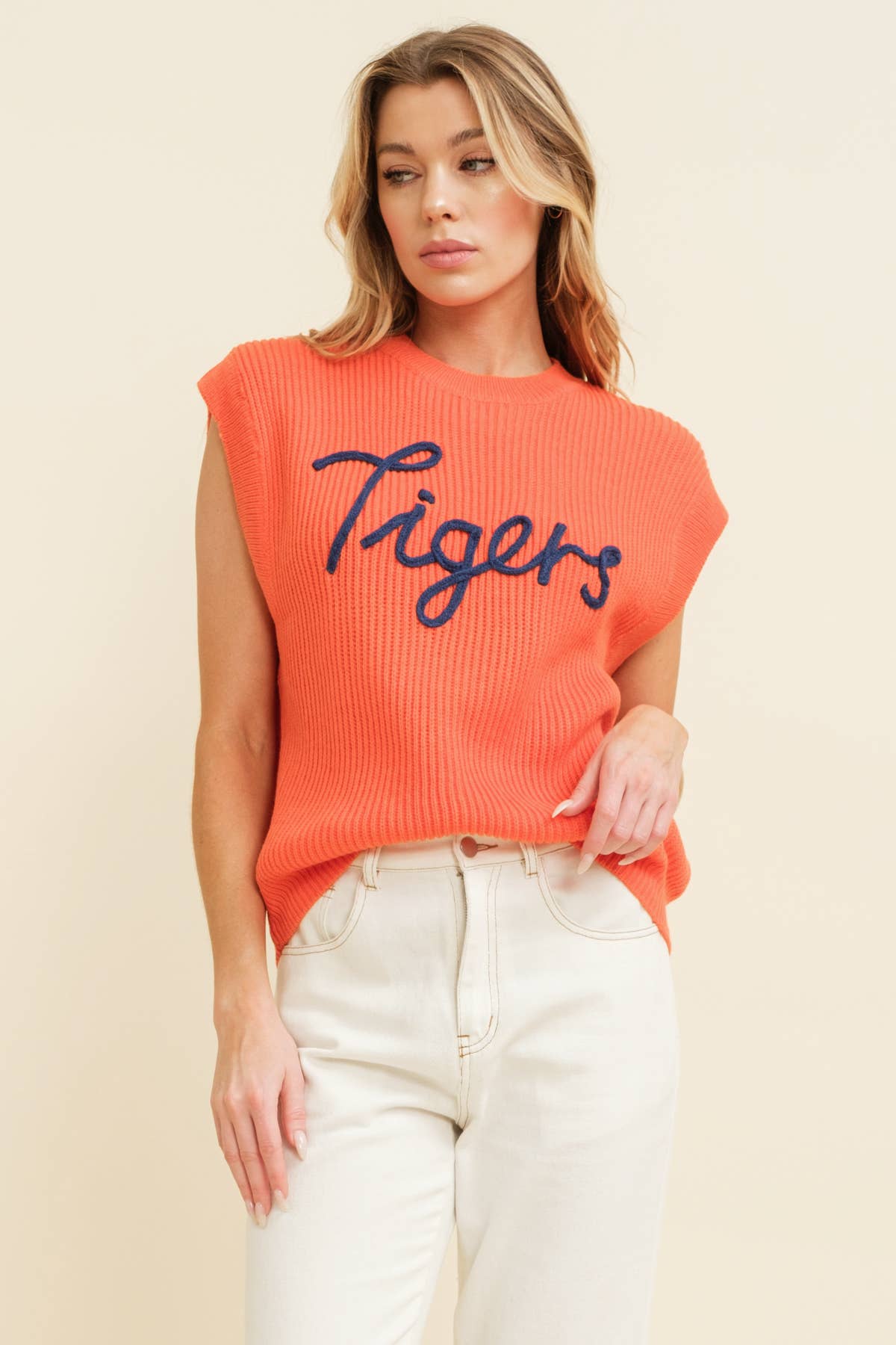 TIGERS" EMBROIDERED SLEEVELESS SWEATER TOP