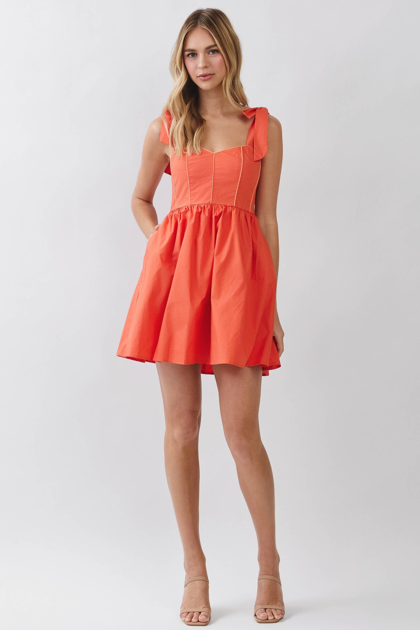 CD07241-Tie Shoulder Fit & Flare Mini Dress