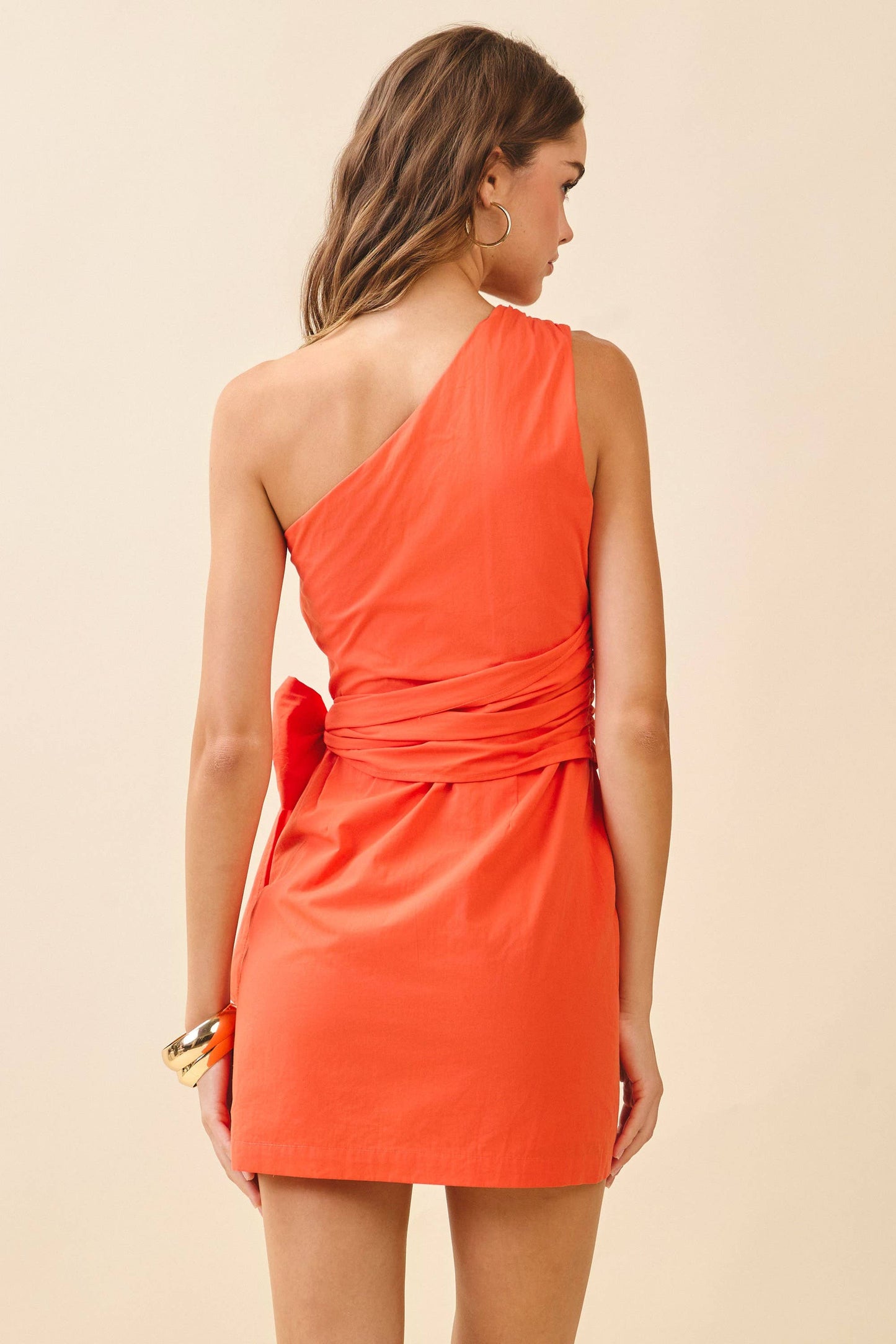CD06184-One Shoulder Asymmetric Neck Self Tie Dress