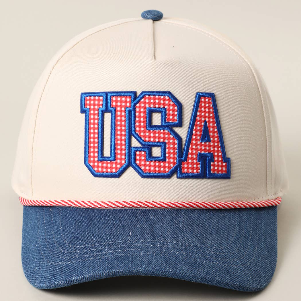 USA Gingham Letter Patch Star Brim Denim Trucker Hat