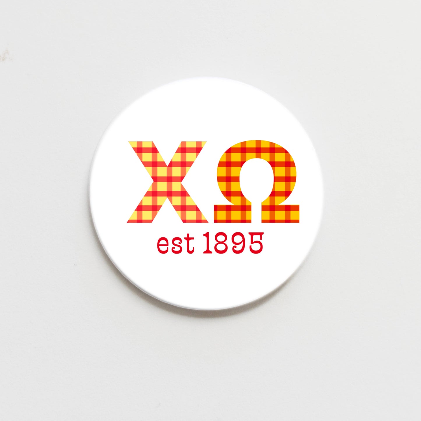 Chi Omega Gingham Letter Button- 2.25 inch
