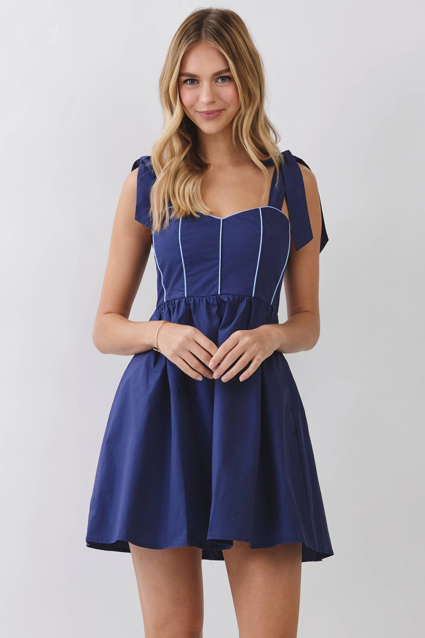 CD07241-Tie Shoulder Fit & Flare Mini Dress