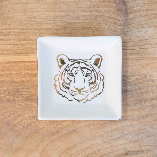 Tiger Trinket Dish  White/Gold   4"