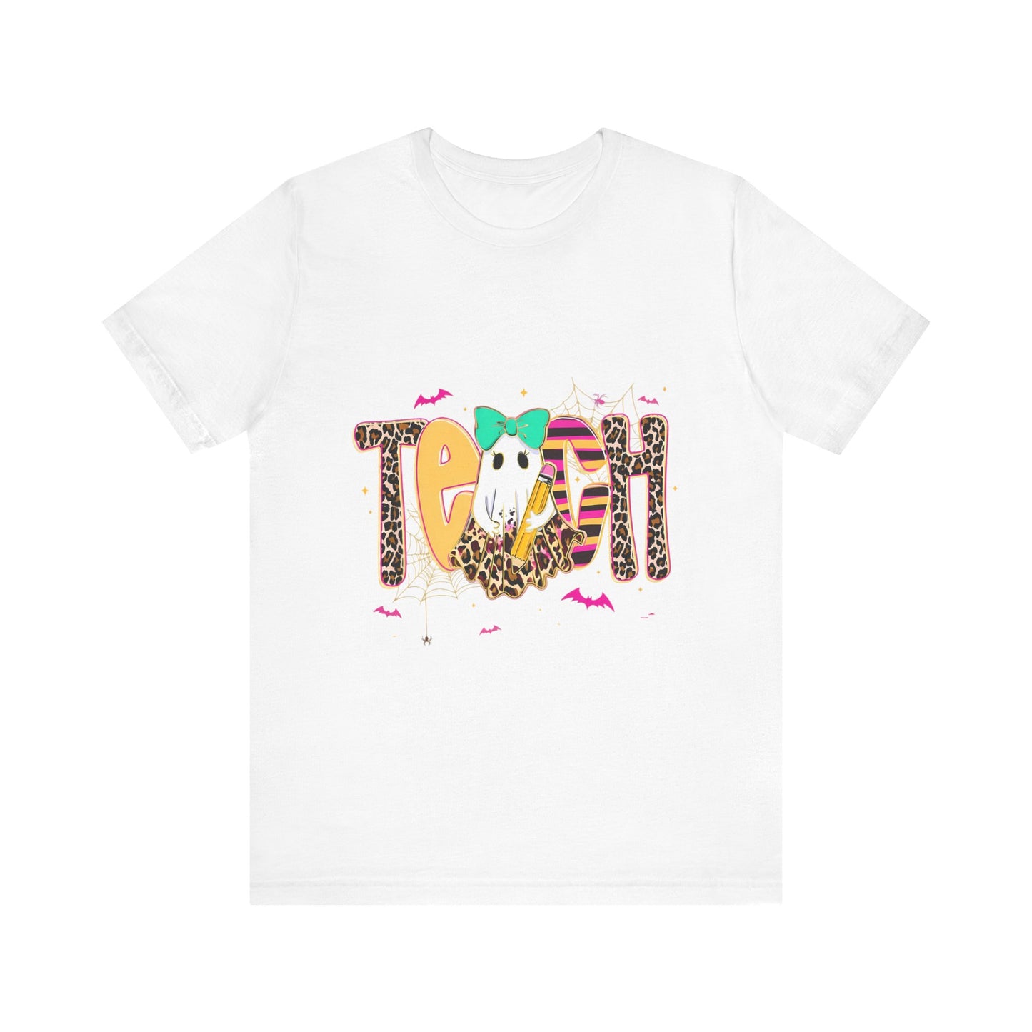 Halloween Teacher Ghost Bella Canvas Relaxed Fit Jersey T-Shirt | Cute Fall Leopard Print Teach | Spooky Season Teacher