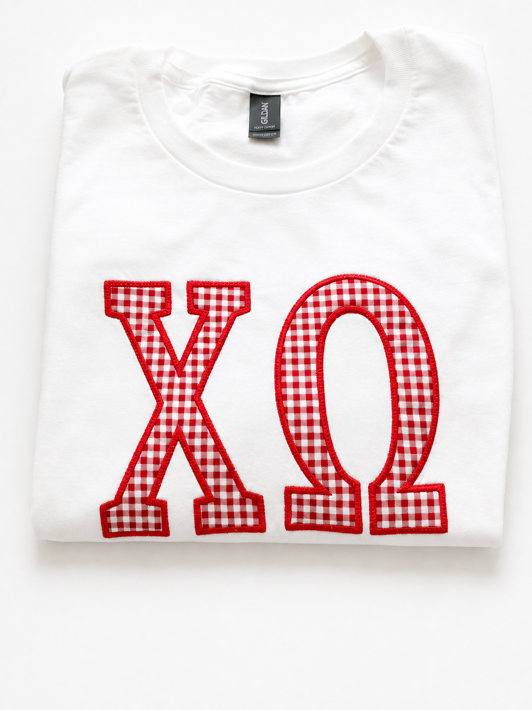 Officially Licensed Chi Omega Gingham Appliqué T-Shirt