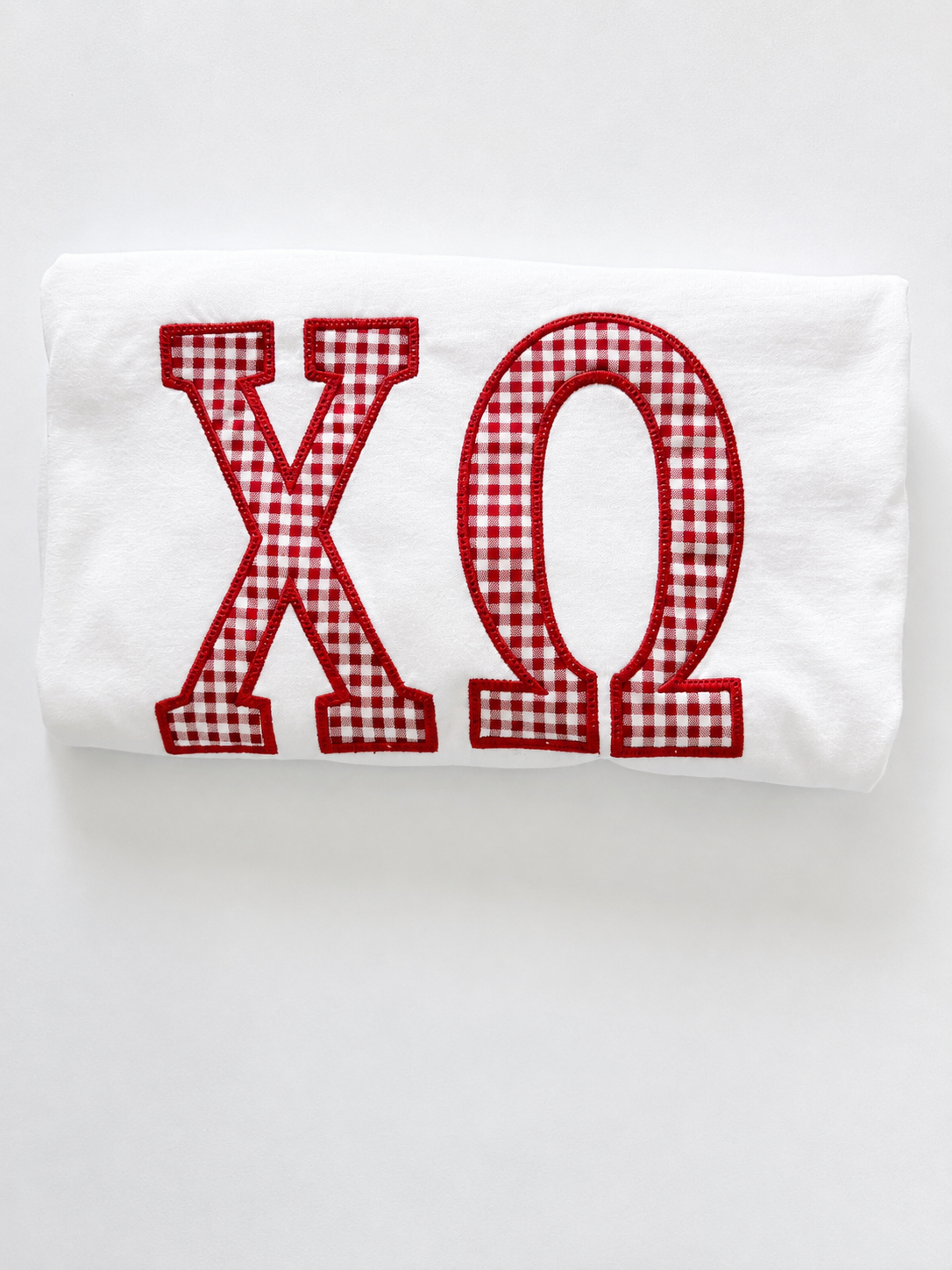 Officially Licensed Chi Omega Gingham Appliqué T-Shirt