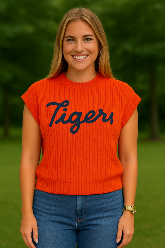 TIGERS" EMBROIDERED SLEEVELESS SWEATER TOP