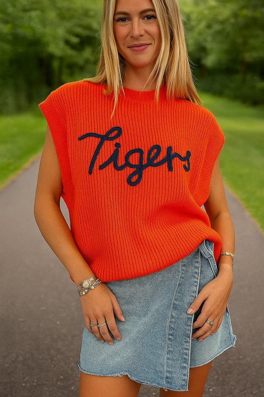 TIGERS" EMBROIDERED SLEEVELESS SWEATER TOP