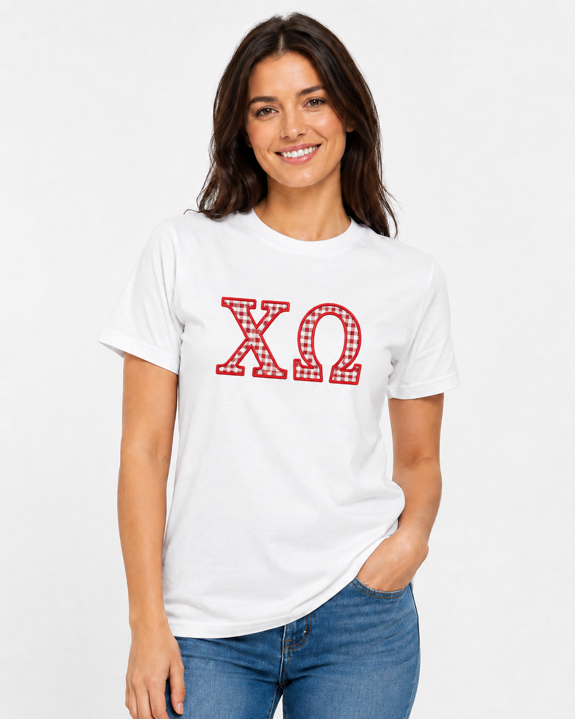 Officially Licensed Chi Omega Gingham Appliqué T-Shirt