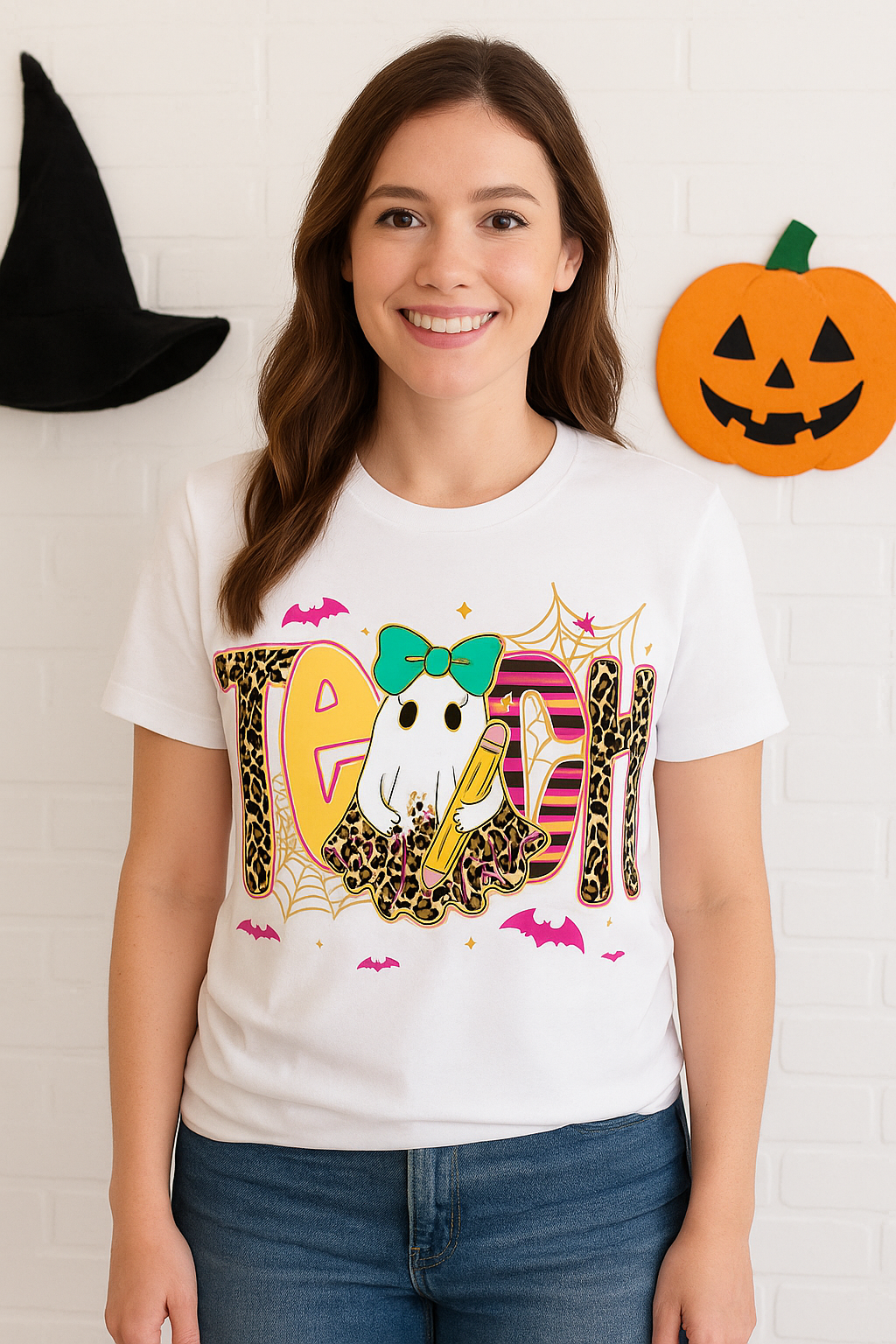 Halloween Teacher Ghost Bella Canvas Relaxed Fit Jersey T-Shirt | Cute Fall Leopard Print Teach | Spooky Season Teacher