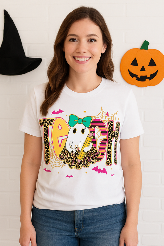 Halloween Teacher Ghost Bella Canvas Relaxed Fit Jersey T-Shirt | Cute Fall Leopard Print Teach | Spooky Season Teacher