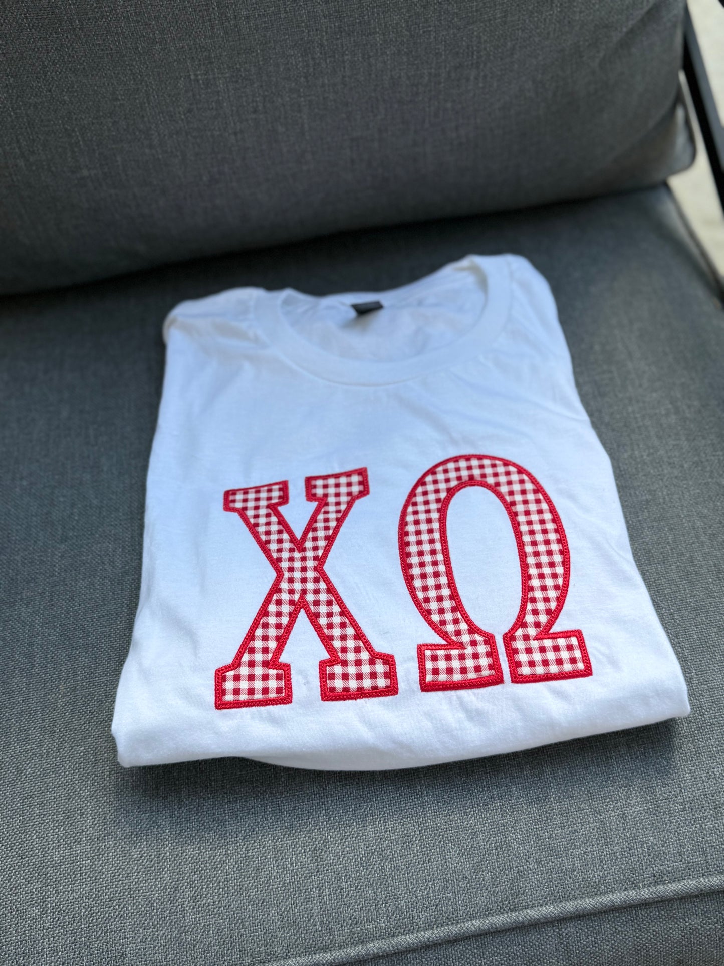 Officially Licensed Chi Omega Gingham Appliqué T-Shirt