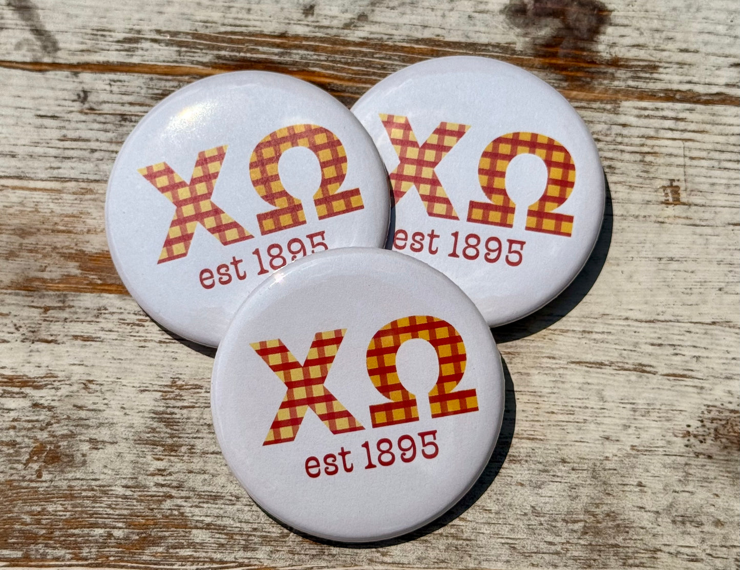 Chi Omega Gingham Letter Button- 2.25 inch