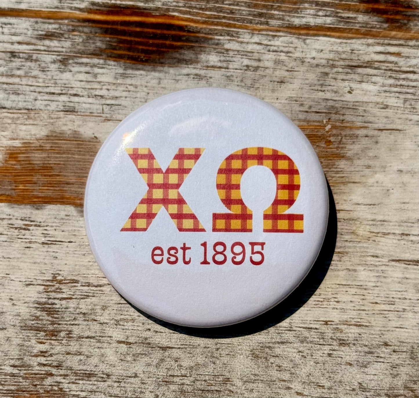 Chi Omega Gingham Letter Button- 2.25 inch