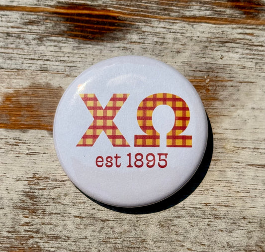 Chi Omega Gingham Letter Button- 2.25 inch