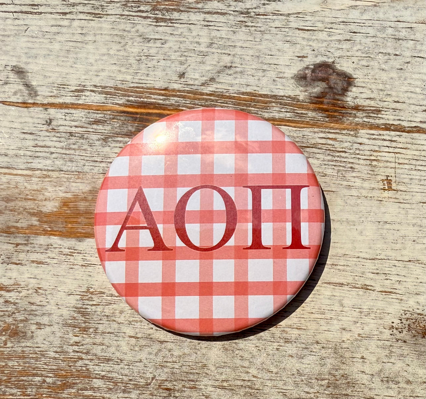 Alpha Omicron Pi Gingham Greek Game day Button - 3.00 inch