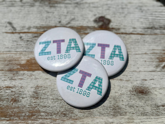 Zeta Tau Alpha Gingham Letter Button- 2.25 inch