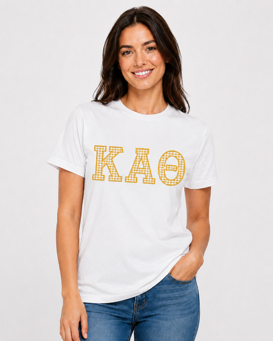 Officially Licensed Kappa Alpha Theta Yellow Gingham Appliqué T-Shirt