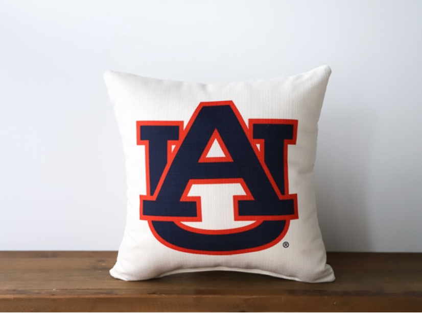 Auburn “AU” Pillow – Pumpkin Piping with Navy Ticking Back