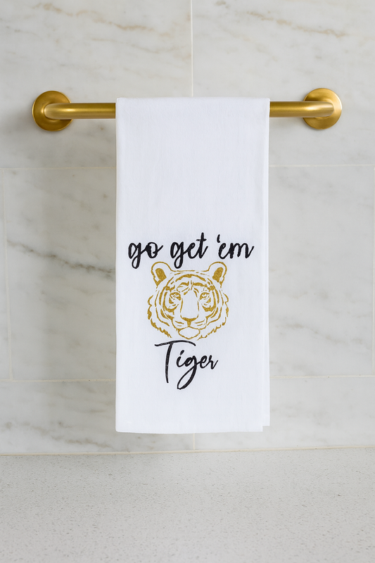 Go Get 'em Tiger Flour Sack Hand Towel   White/Black/Gold   20x28
