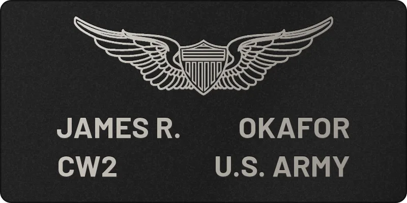 Custom 2x4 Army aviator flight suit name tag, black leatherette engraved silver with Army aviator wings, split name layout