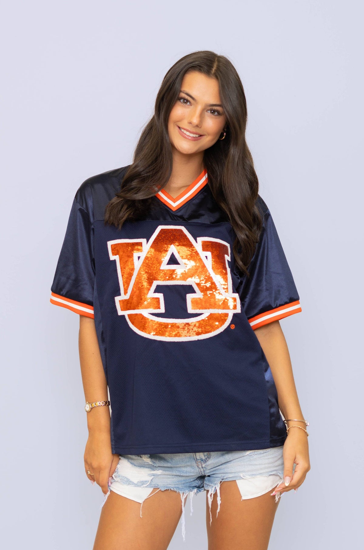 Auburn Tigers Women’s Sequin Football Jersey – Navy