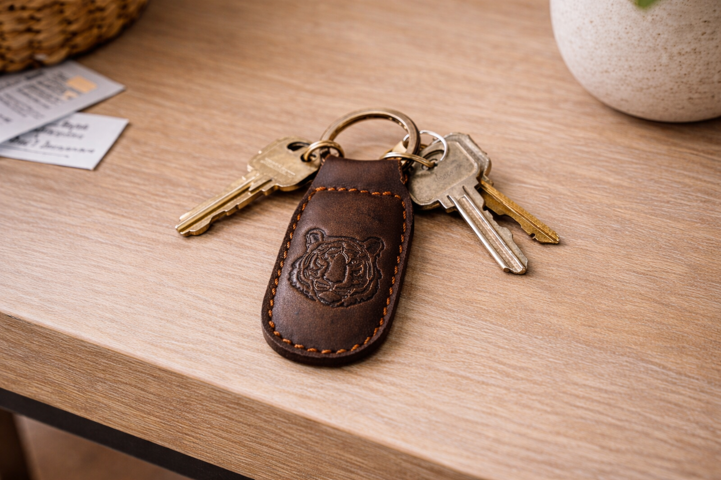 Tiger Leather Embossed Keychain – Dark Brown