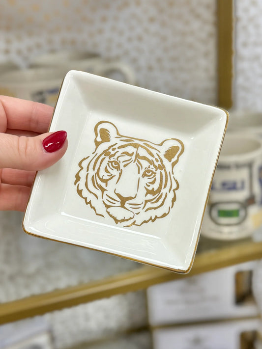 Tiger Trinket Dish  White/Gold   4"